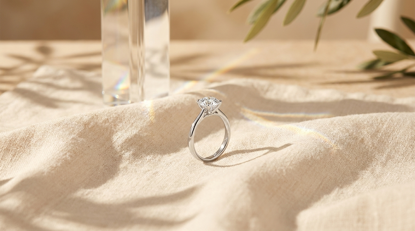 Solitärring med diamant på gräddvit linne med olivkvist och prisma