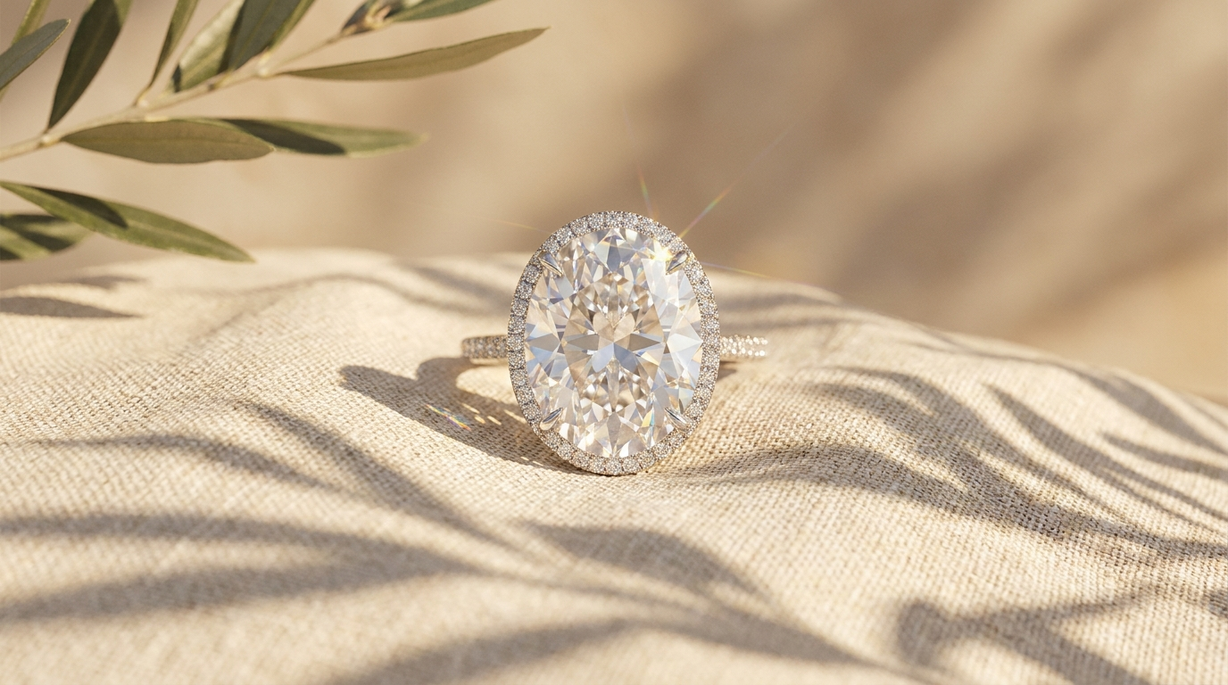 Oval diamant i haloinfattning som ser stor och gnistrande ut på gräddvit linne