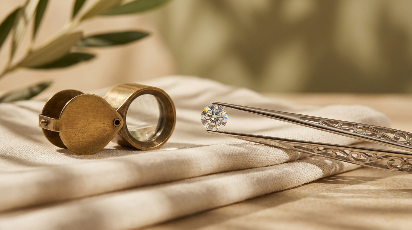 Diamant i pincett granskas bredvid en lupp på gräddvit linne