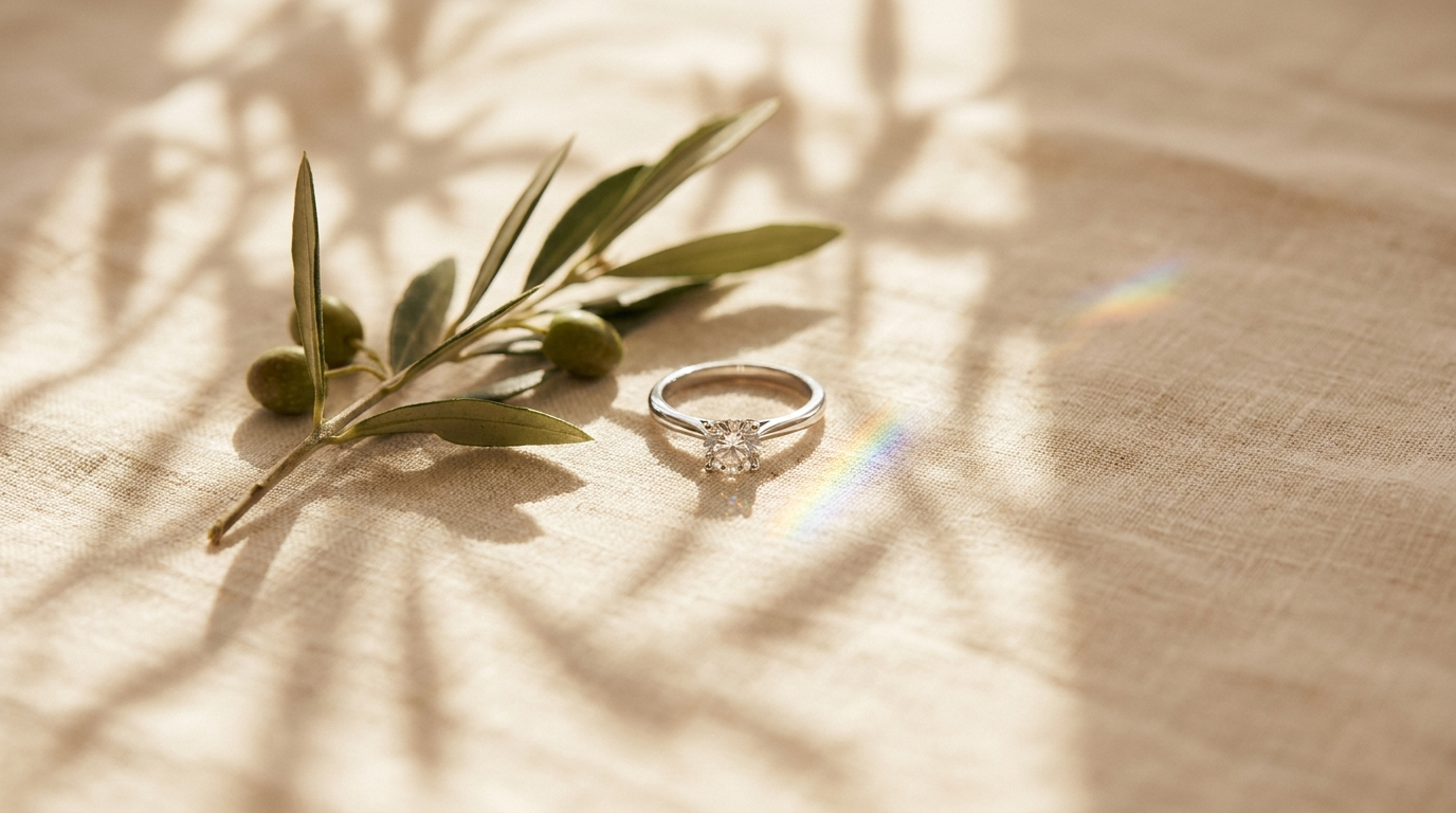 Elegant solitärring bredvid olivkvist på gräddvit linne