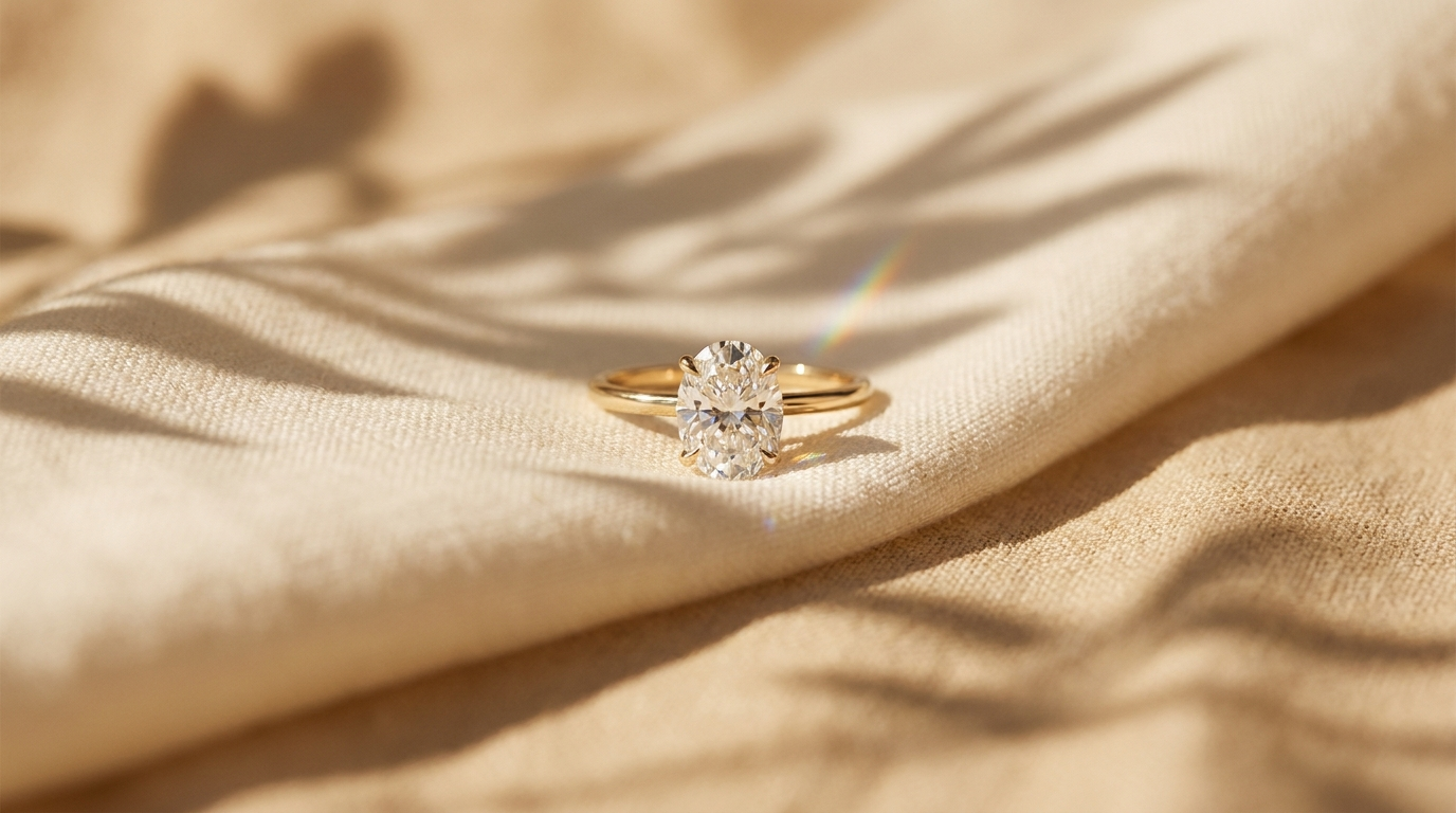 Oval diamant solitärring på gräddvit linne