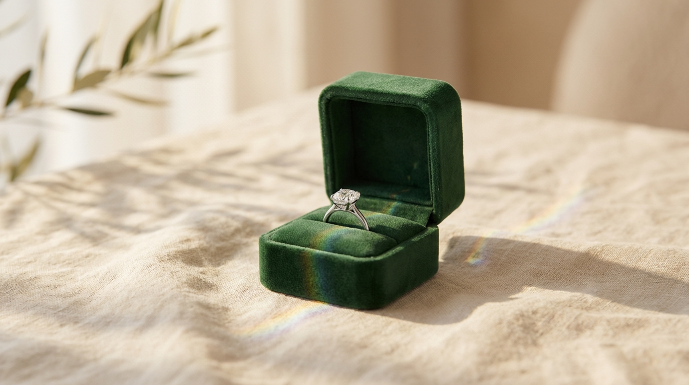 Öppen ringask med diamantring på gräddvit linne