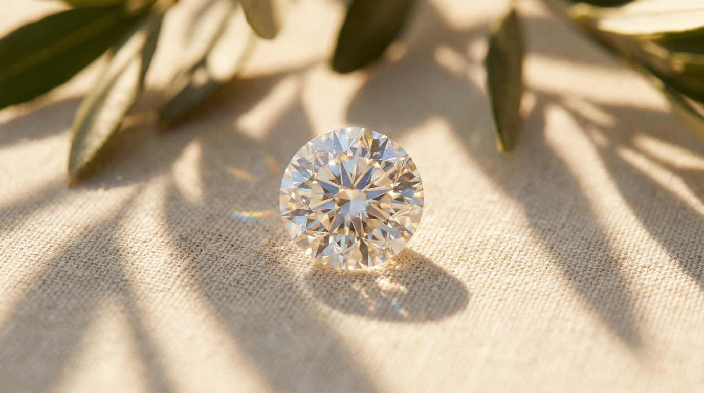 Rund briljant diamant som gnistrar på gräddvit linne