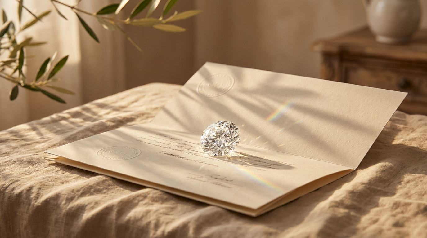 Diamant bredvid ett graderingscertifikat på gräddvit linne