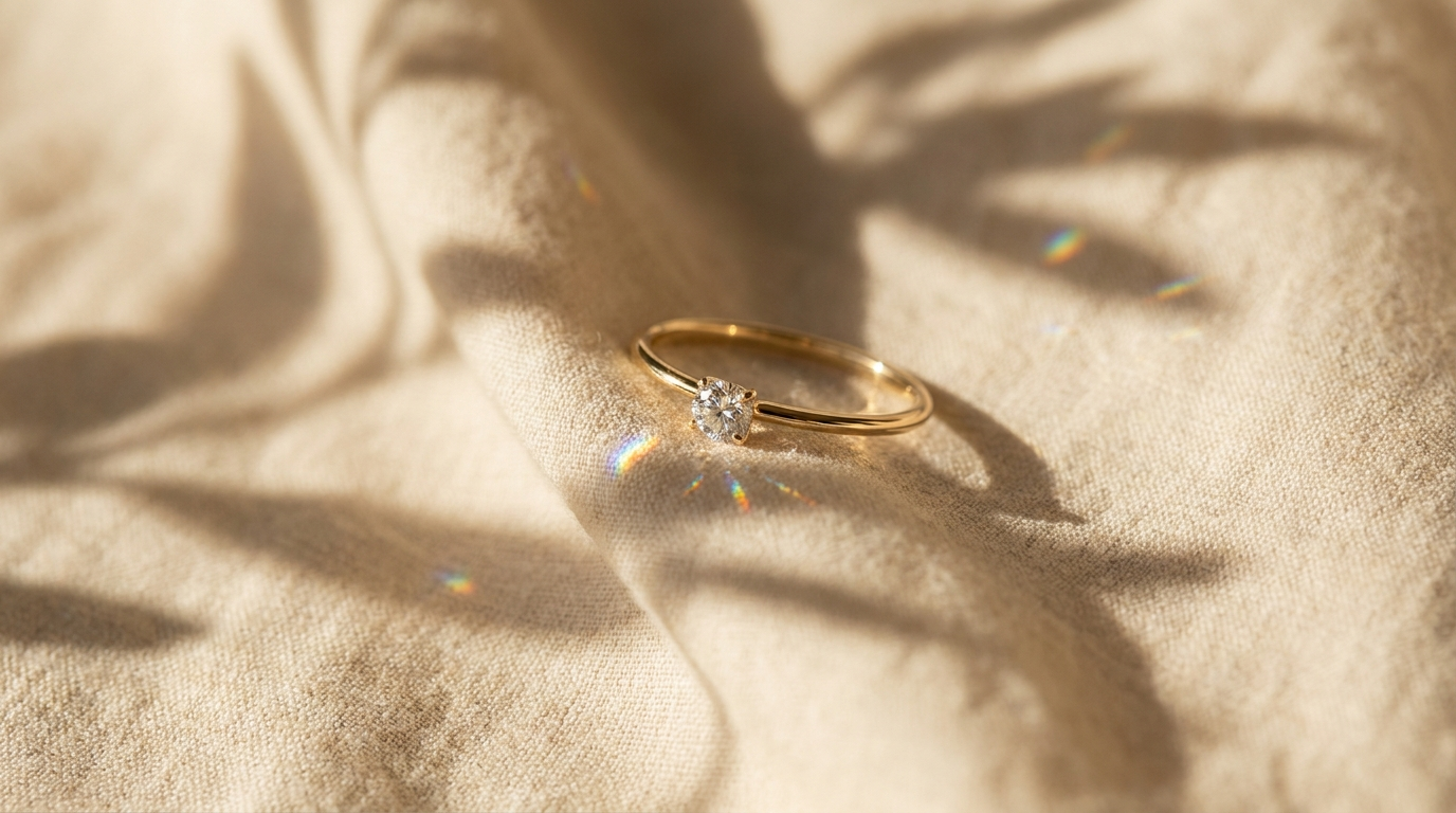 Delikat tunn diamant-förlovningsring med smalt band på gräddvit linne