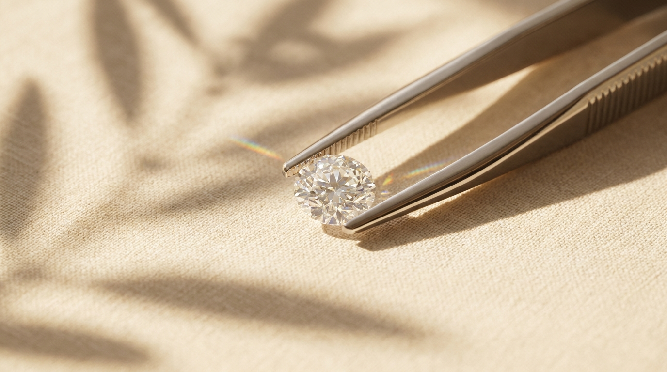 Diamant mäts med skjutmått på gräddvit linne