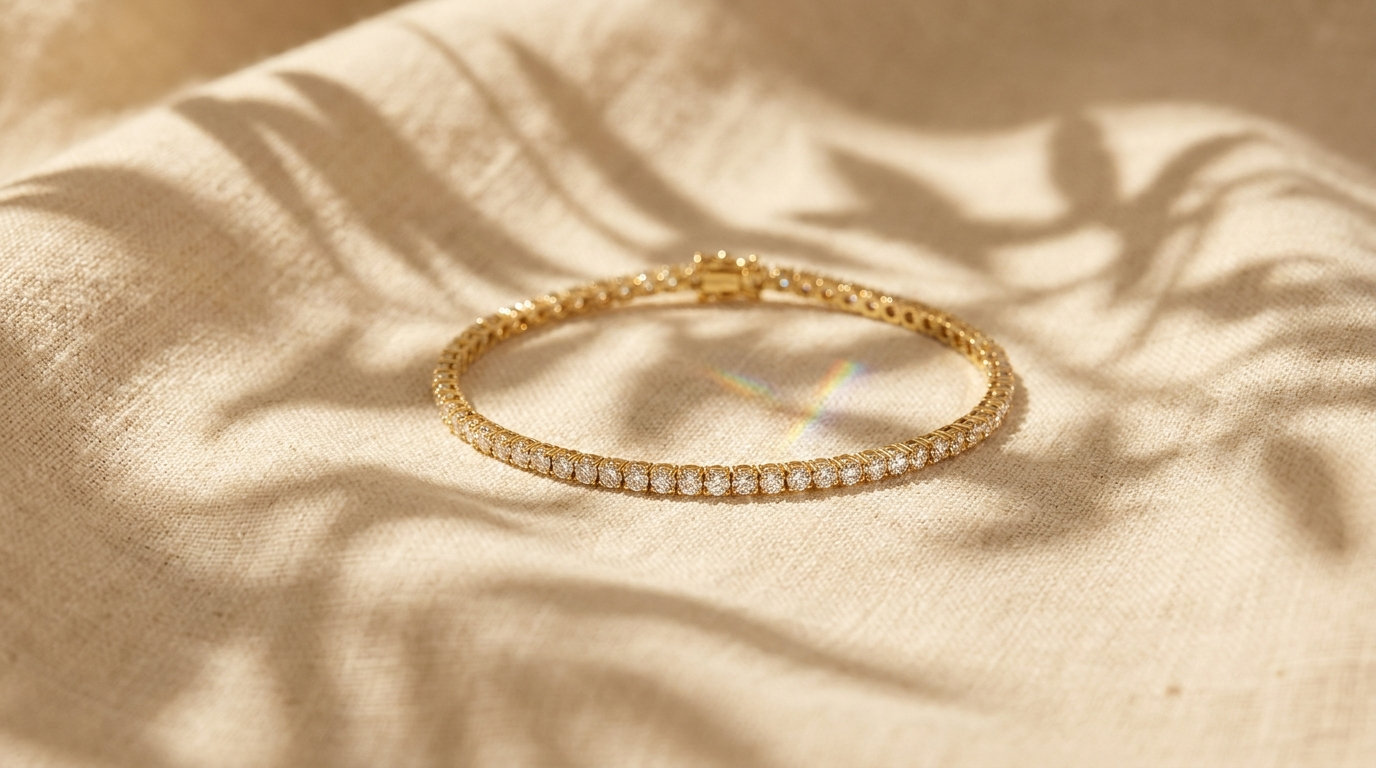 Diamant-tennisarmband på gräddvit linne