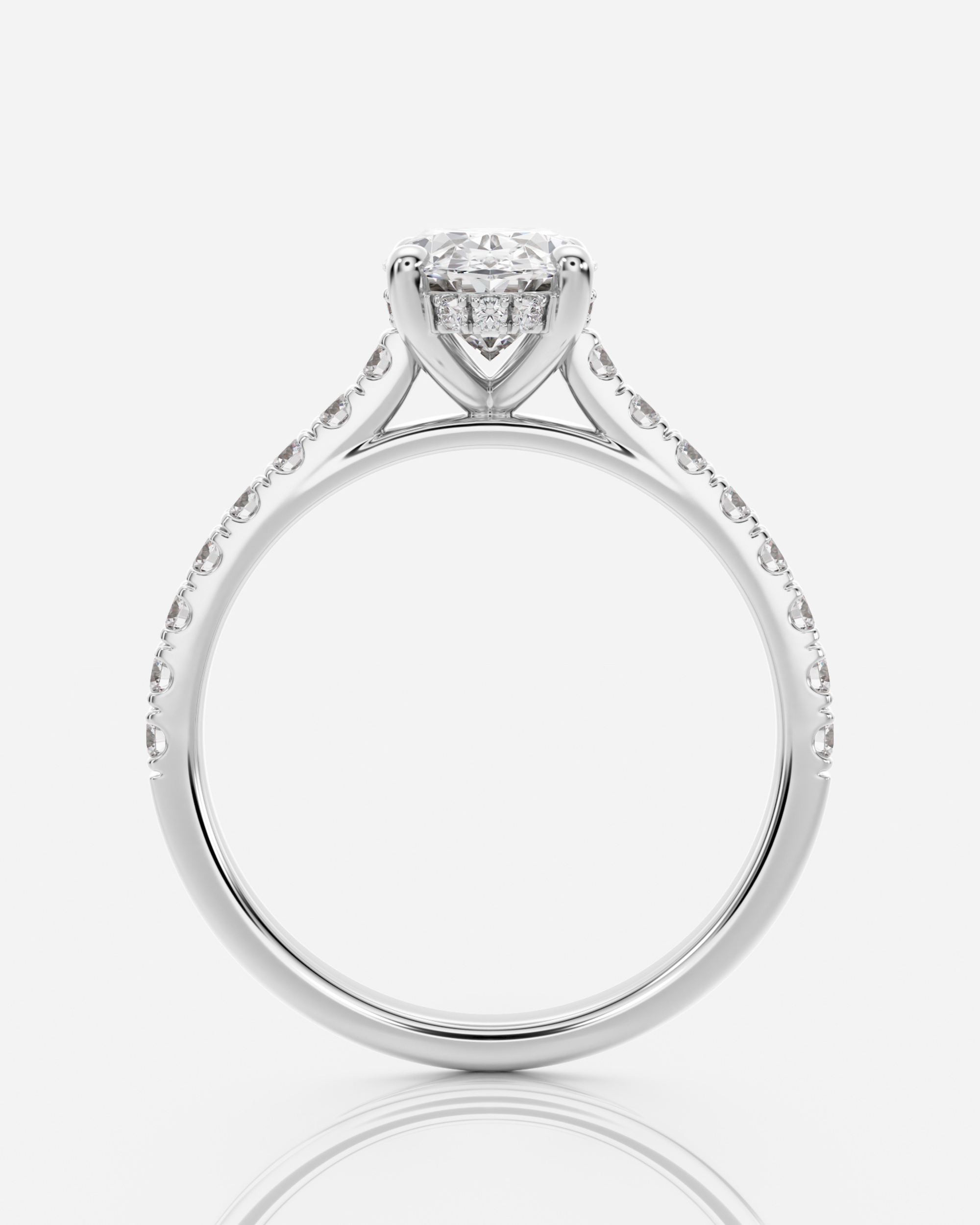 Dorällé Katedral Hidden Halo &amp; Sidostenar Oval förlovningsring i 18K vitt guld, sidovy med hidden halo och pavéband