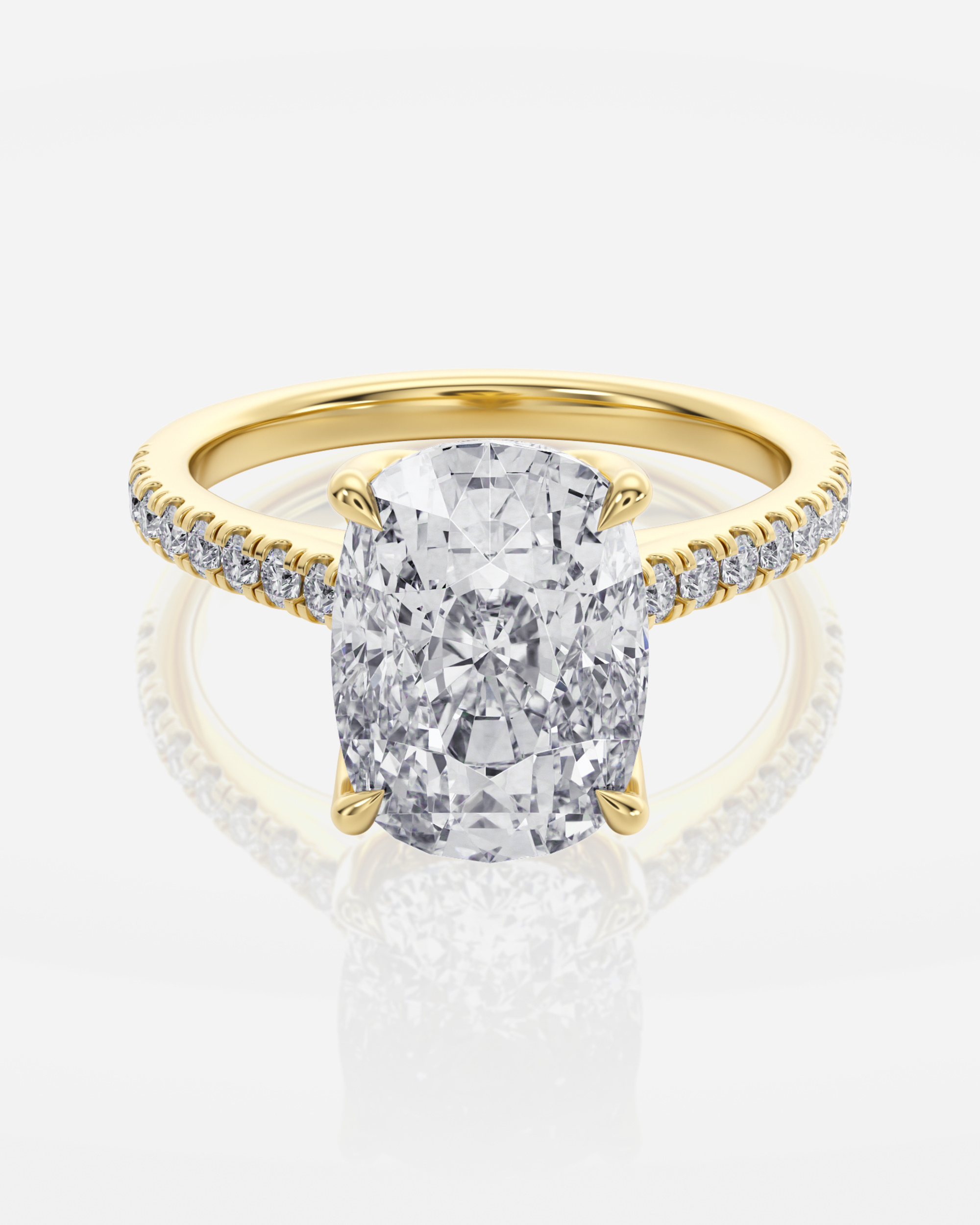Anastasia Sidostenar & Hidden Halo förlovningsring i 18K guld med cushionslipad diamant och pavésidostenar, framifrån
