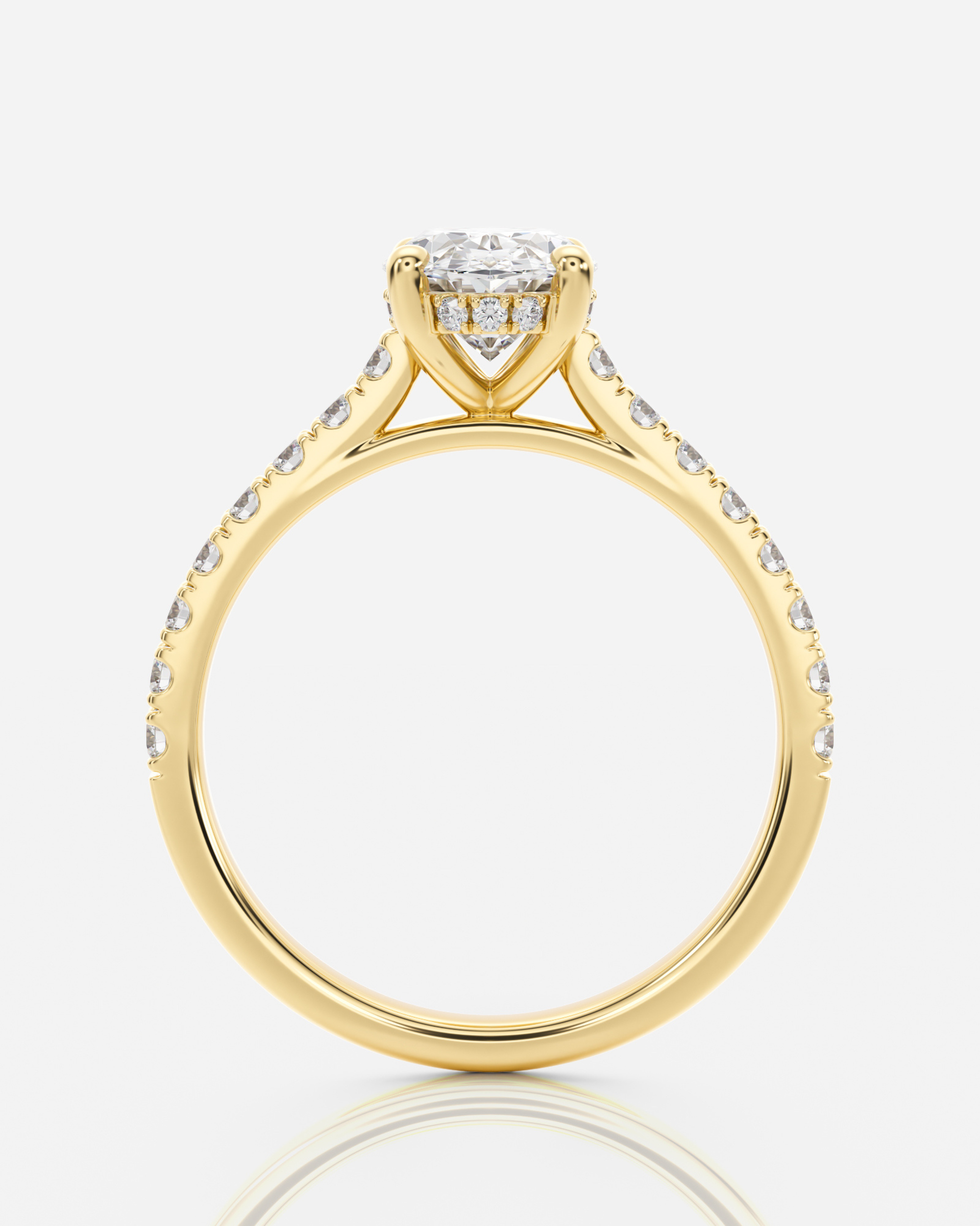 Dorällé Katedral Hidden Halo &amp; Sidostenar Oval förlovningsring i 18K guld, vy uppifrån med sidostenar och hidden halo