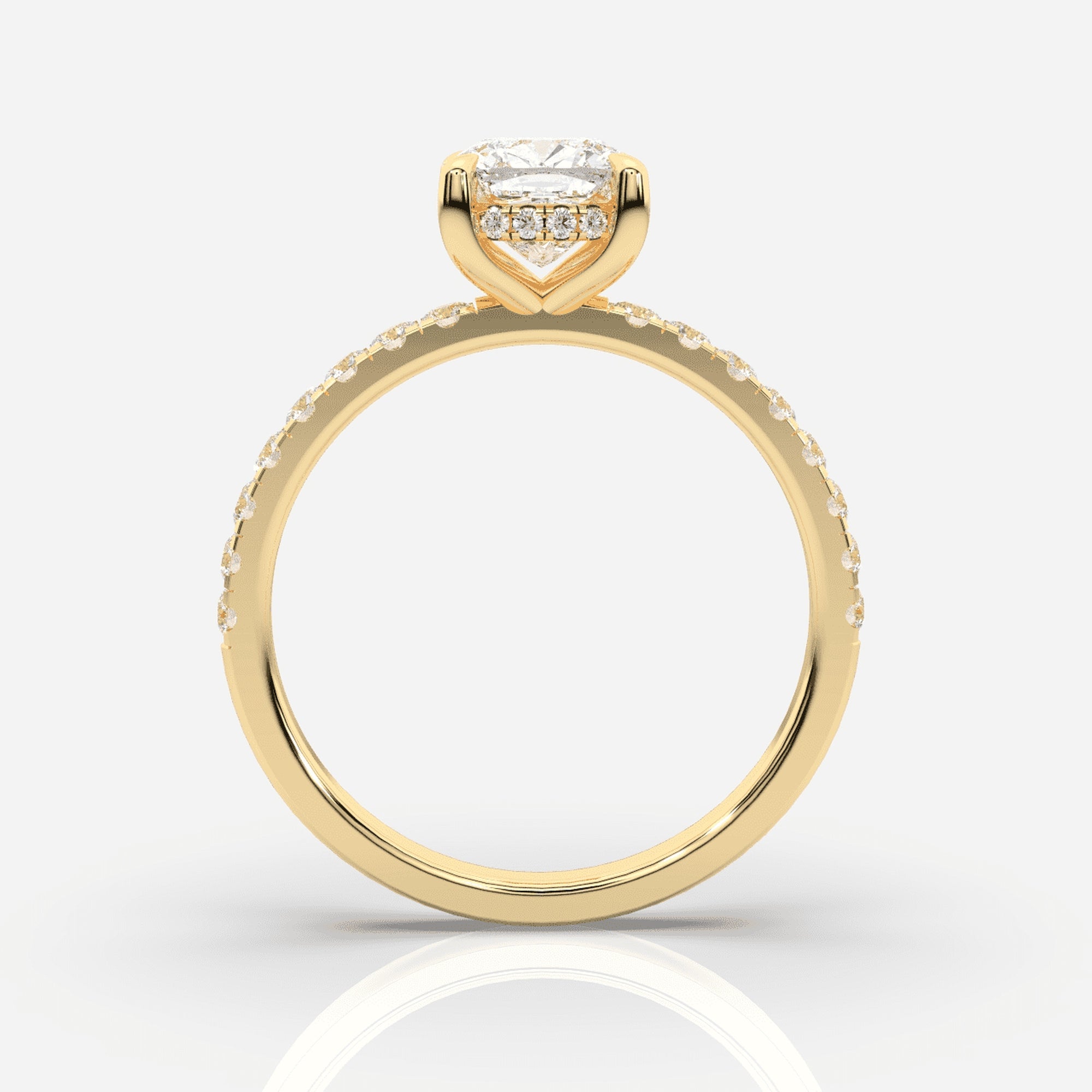 Förlovningsring dam 18K guld framifrån – Isabella Hidden Halo &amp; Sidostenar Kudde | Ophira &amp; Co