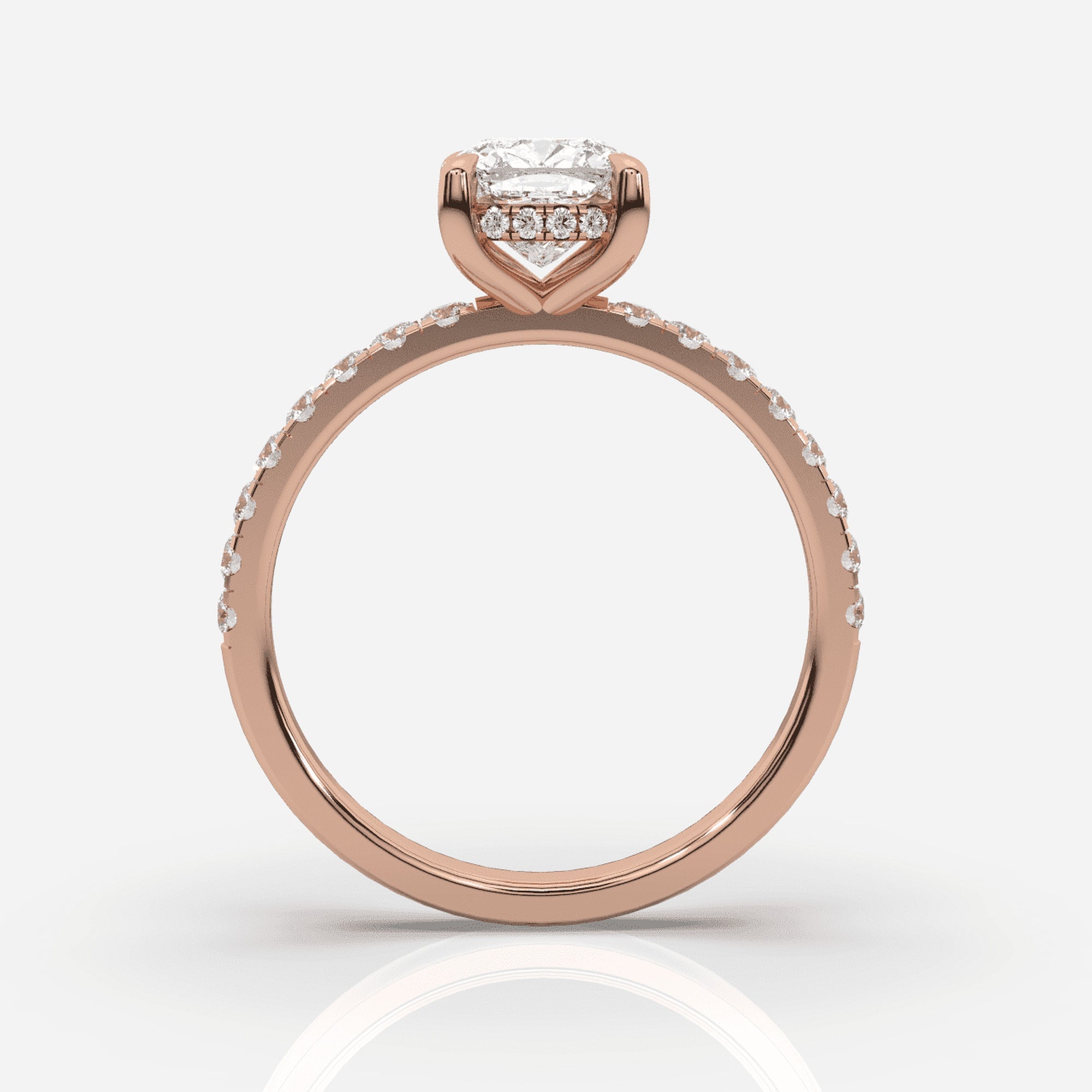 Förlovningsring dam 18K roséguld framifrån – Isabella Hidden Halo & Sidostenar Kudde | Ophira & Co