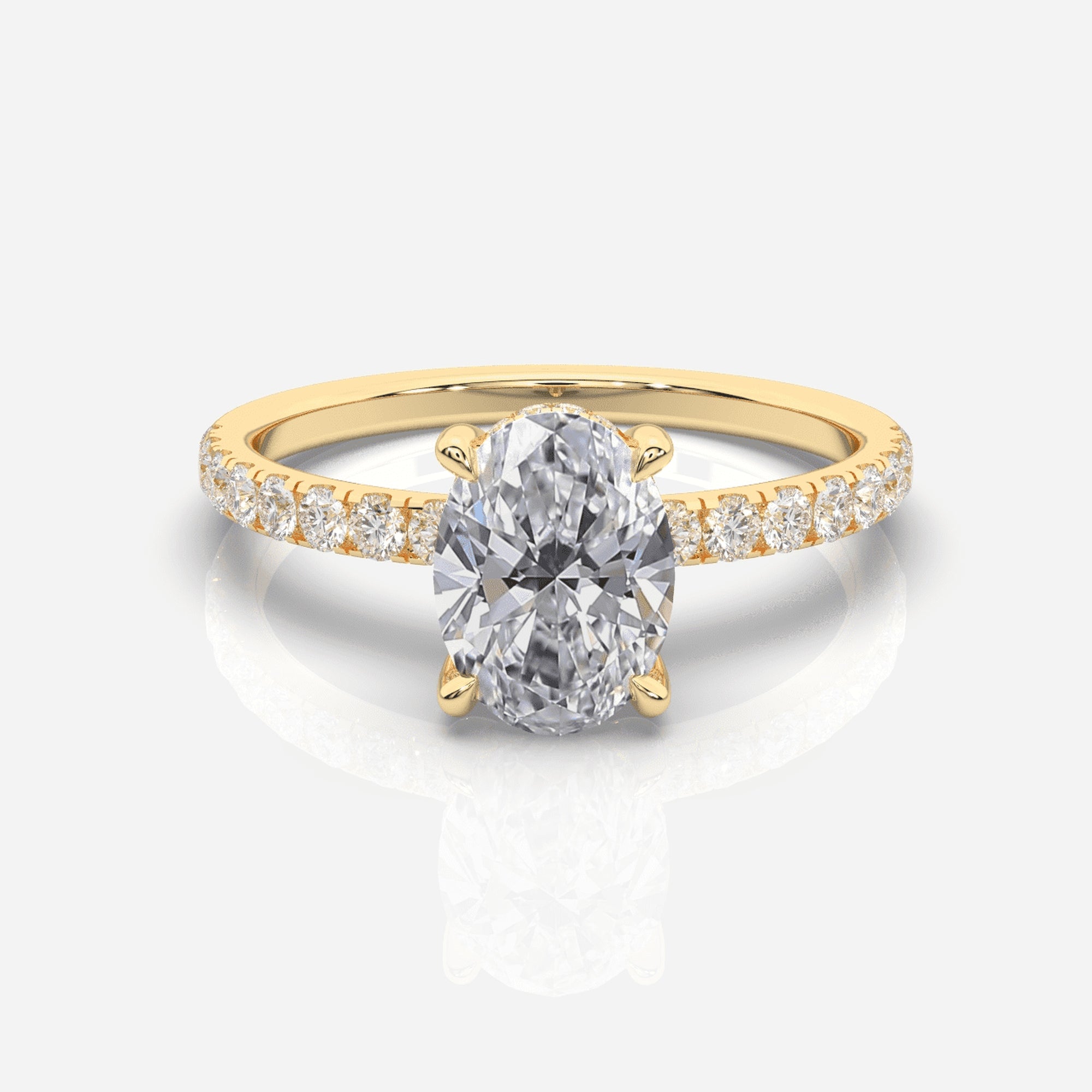 Oval förlovningsring 18K guld – Isabella Hidden Halo & Sidostenar | Ophira & Co