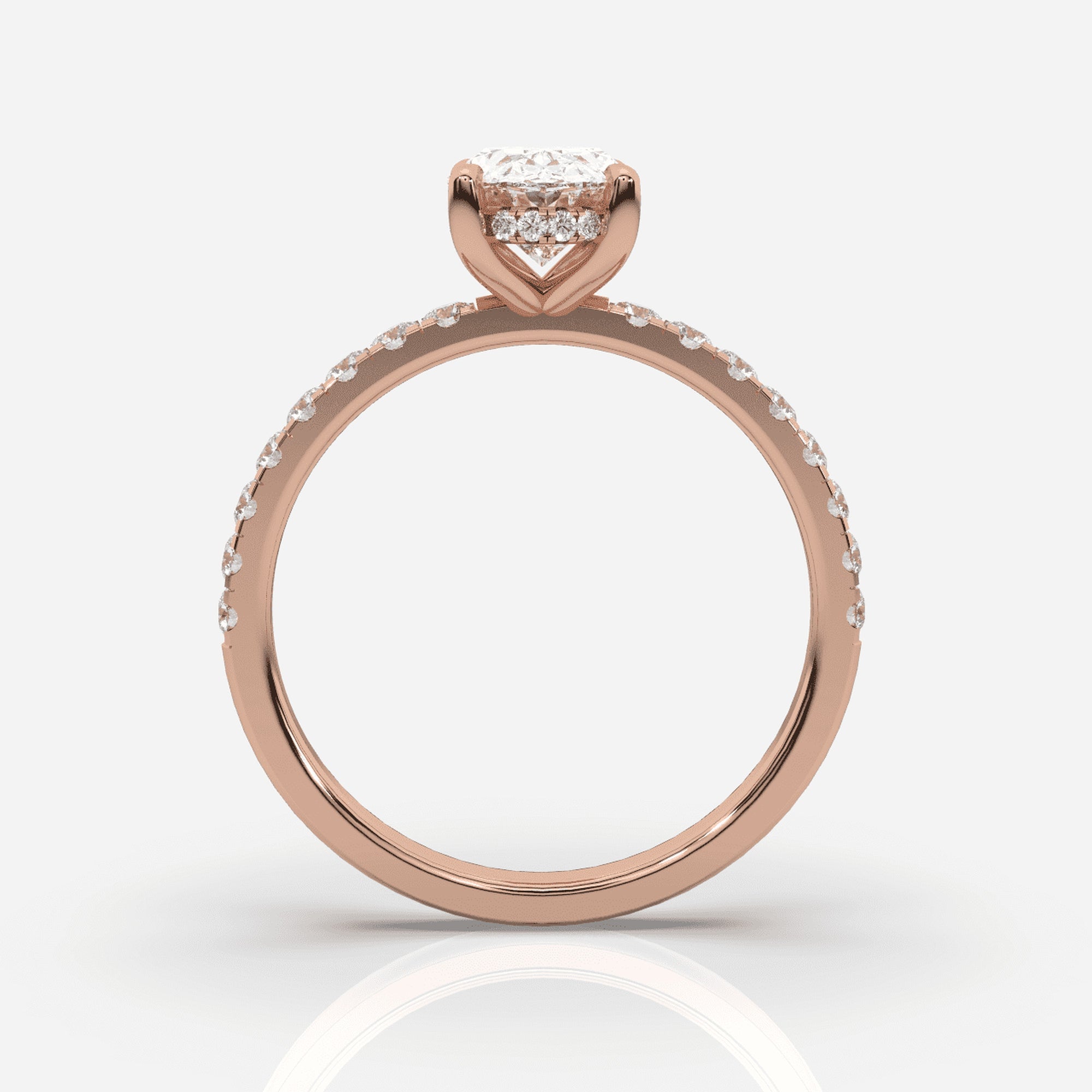 Oval förlovningsring roséguld framifrån – Isabella Hidden Halo &amp; Sidostenar | Ophira &amp; Co