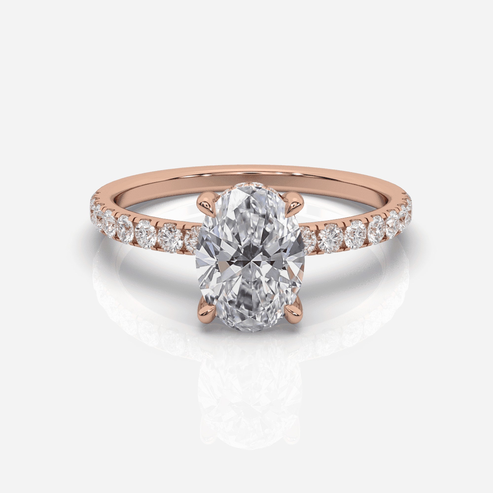 Oval förlovningsring 18K roséguld – Isabella Hidden Halo & Sidostenar | Ophira & Co