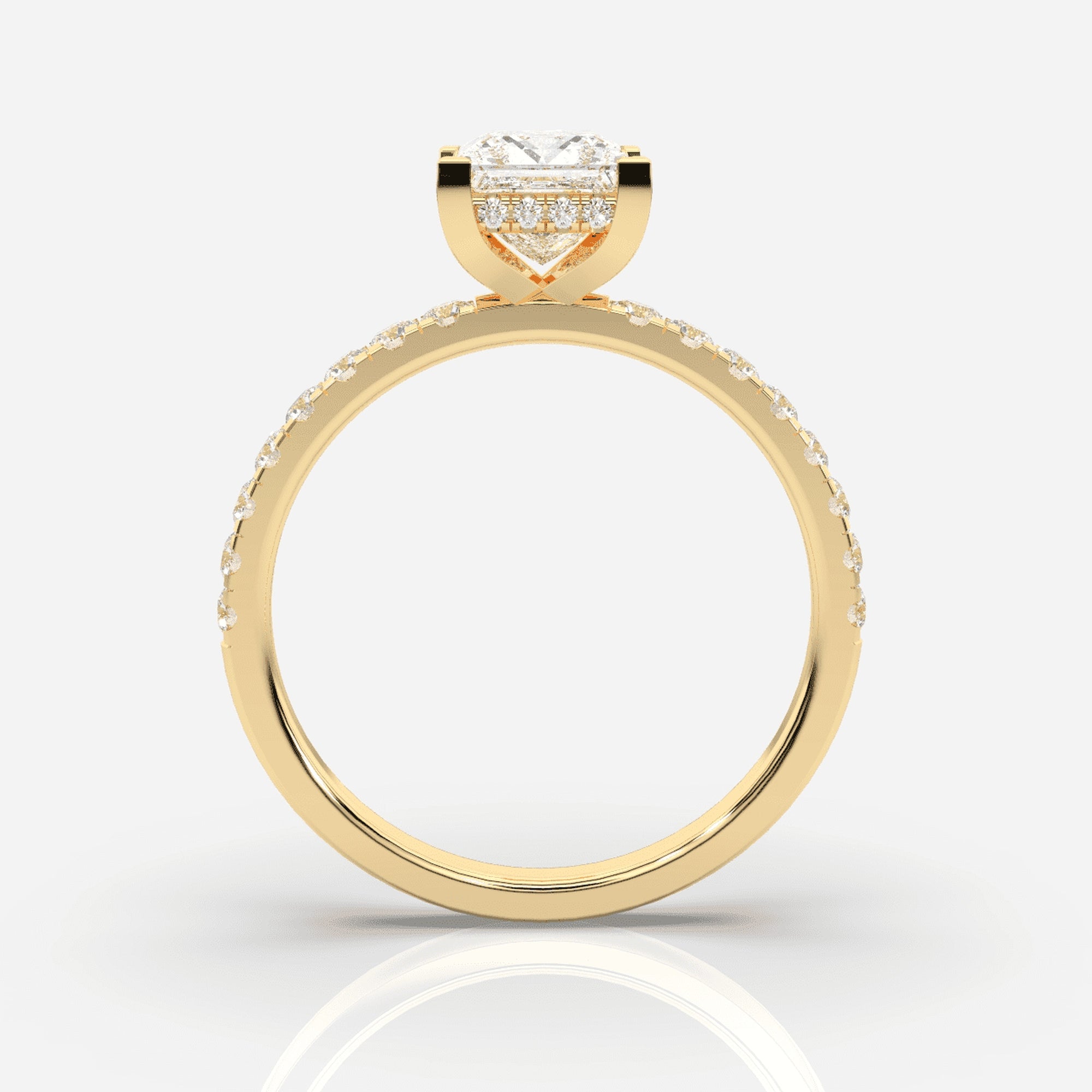 Prinsess förlovningsring guld framifrån – Isabella Hidden Halo &amp; Sidostenar | Ophira &amp; Co
