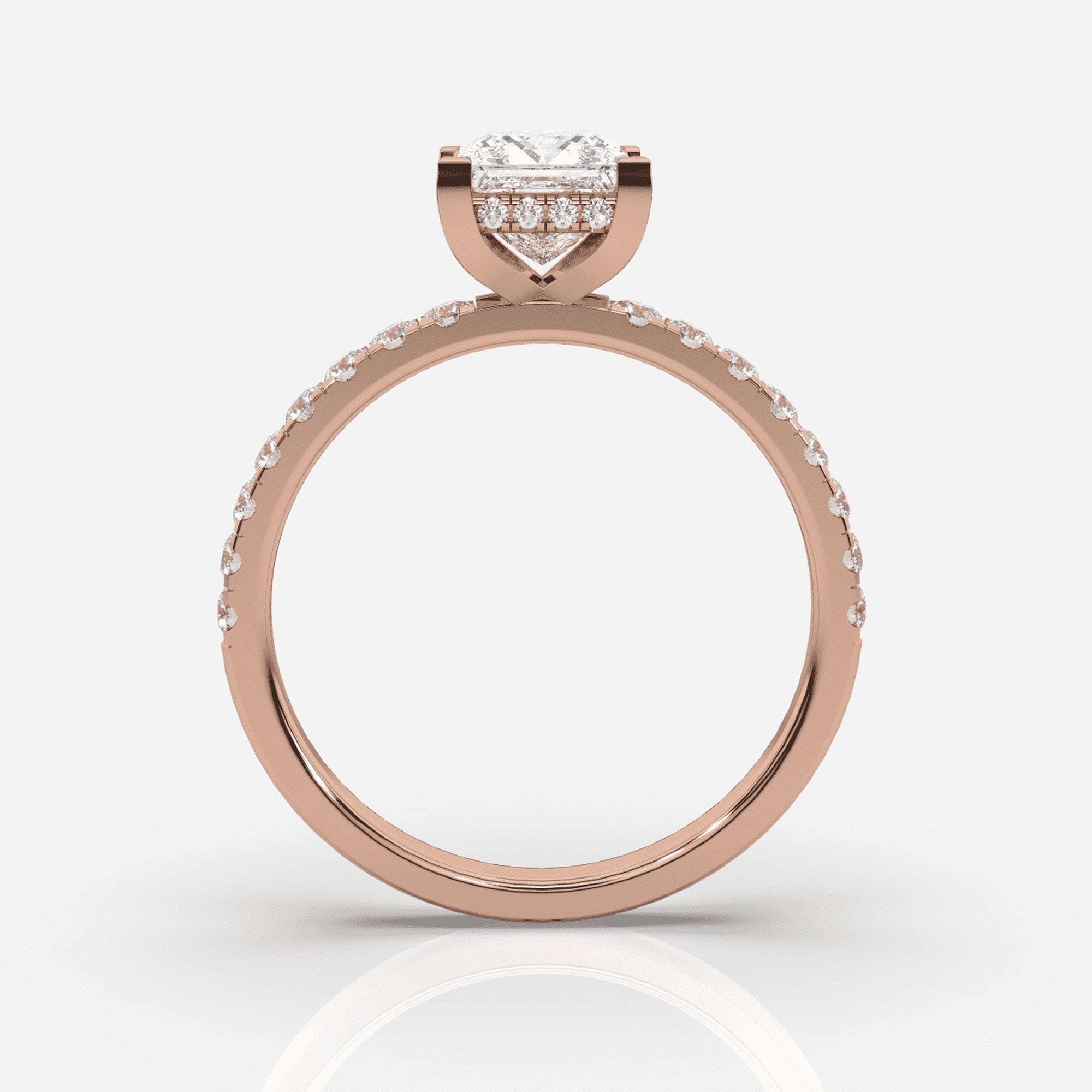 Prinsess förlovningsring roséguld framifrån – Isabella Hidden Halo &amp; Sidostenar | Ophira &amp; Co